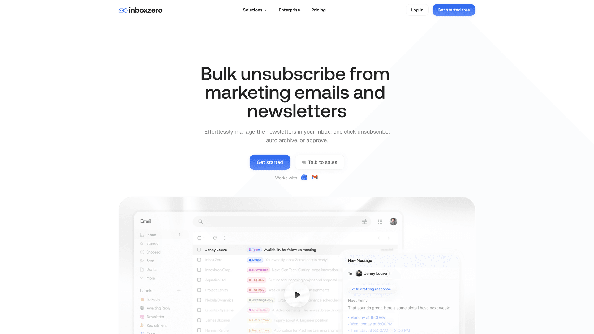 Inbox Zero Bulk Email Unsubscriber page showing "Bulk unsubscribe from marketing emails and newsletters" with one-click unsubscribe UI