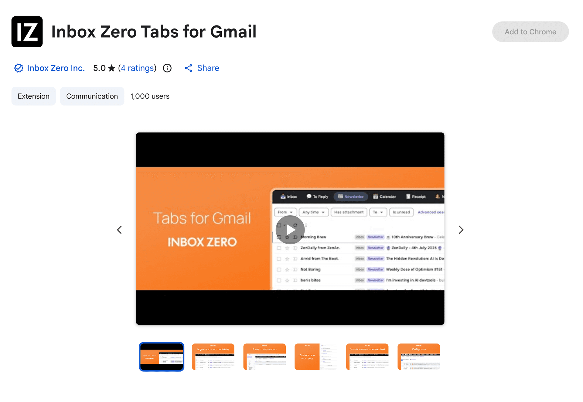 Inbox Zero Tabs for Gmail Chrome extension on the Chrome Web Store, showing the 100% private Gmail tab organizer with no data collection