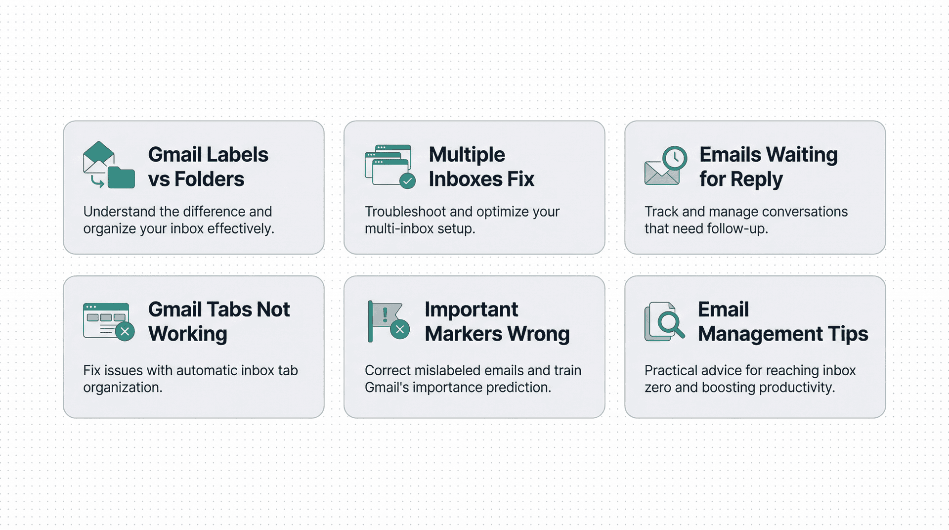Grid of six clean article card tiles showing related Gmail inbox management guide topics, minimal SaaS design