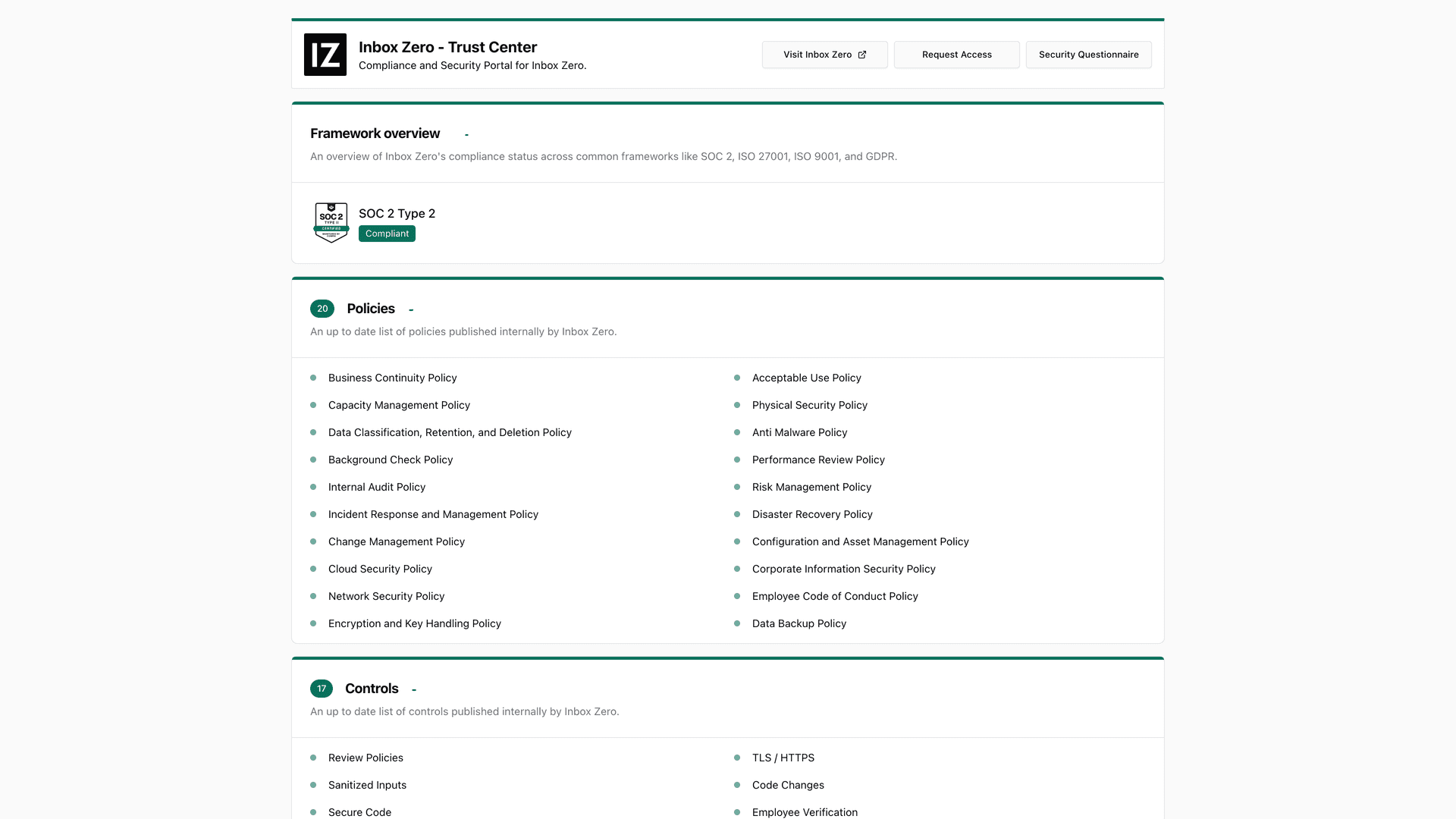 Inbox Zero Trust Center: SOC 2 Type 2 status, 20 policies, 17 controls including TLS/HTTPS and encryption key management